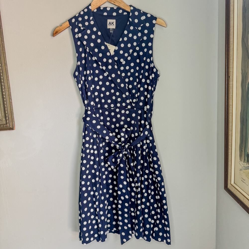 NWT Anne Klein Navy Blue White Polka Dot Sleeveless Belted Wrap Dress Size 6